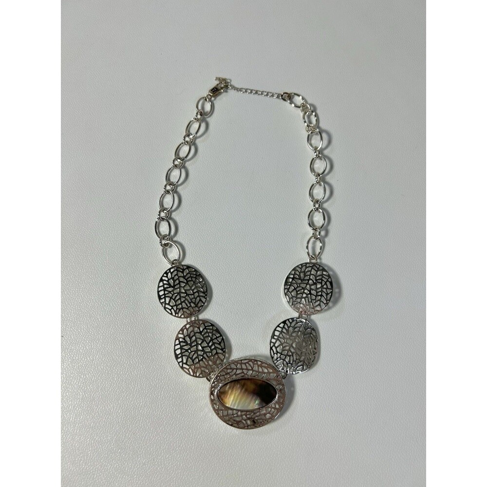 Etienne Aigner Chain Necklace Openwork Filigree Discs Iridescent Shell Pendant